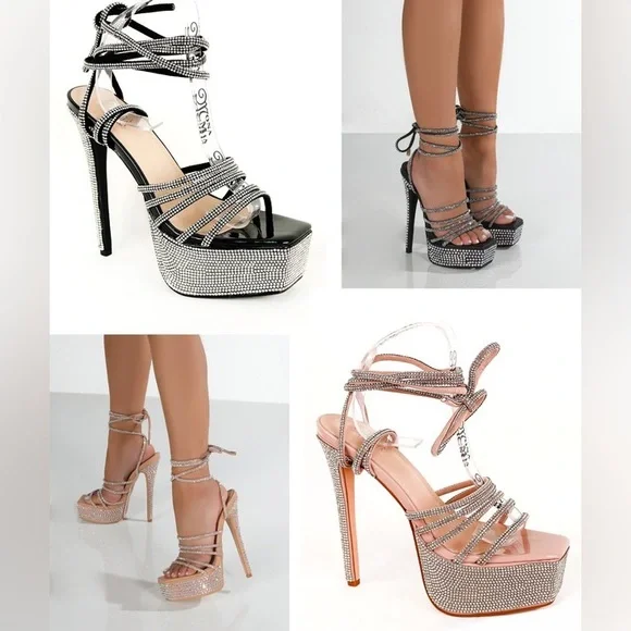 Size 10 Bella City Nude Strappy Ankle Wrap Rhinestone Embellished Platform Heels - Picture 3 of 9